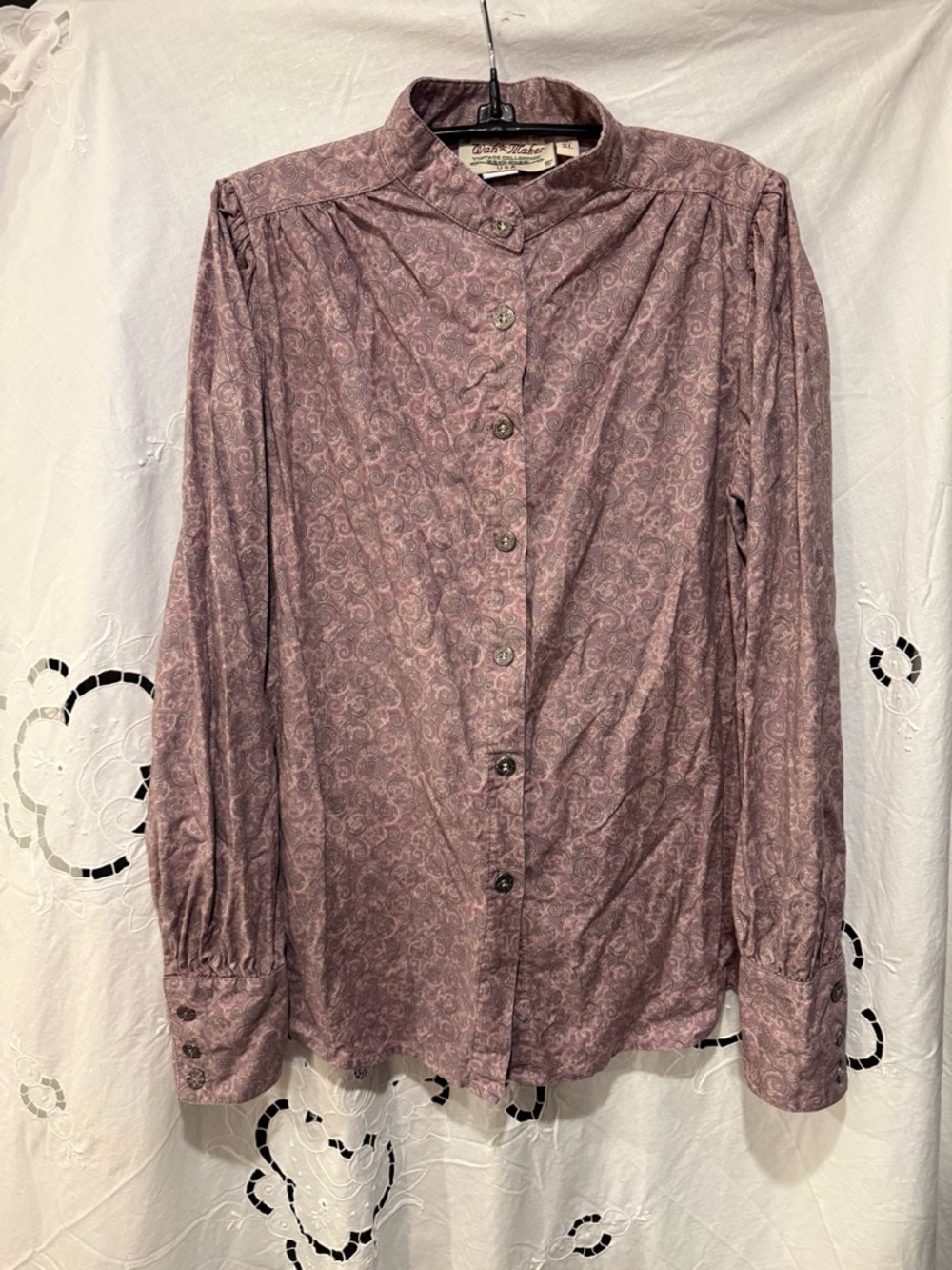 Wahmaker 100 cotton mauve Paisley blockprint Button-Down Victorian sleeve XL